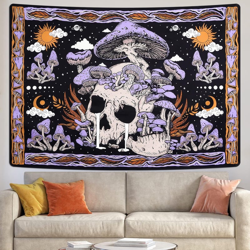 Uspring Mushroom Tapestries Skull Skeleton, Leaves, Large Purple Tapestry for Bedroom, Wall Hanging for Room (51.2 x 59.1 inches) - Image 3